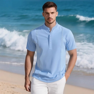 Men's light blue striped short sleeve polo shirt in breathable knit for beach vacations