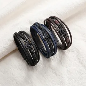 Men Leather Bracelet Multi Layer Braided Stainless Steel Music Note G-Clef Magnetic Buckle Vintage Punk Style Jewelry