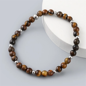Natural Tiger Eye Stone Bracelet With Metal Beads Elastic Beaded Jewelry For Men Retro Minimalist Style