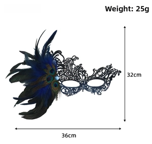 Detail of blue lace phoenix mask with peacock feathers and jewels for masquerade