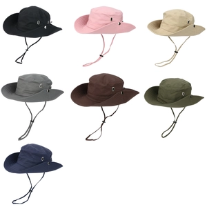 Multiple colors of wide-brim cowboy sun hats with adjustable chin straps for hiking