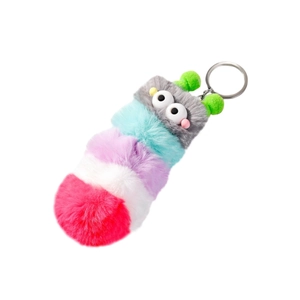 Colorful plush caterpillar keychain featuring multi-color segments and fuzzy pom-pom antennae