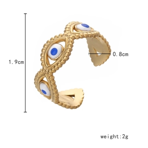 Detail showing dimensions of 1.9cm and 0.8cm for the gold evil eye steel ring