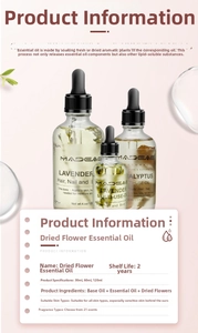 Detailed view of 60ml amber glass essential oil bottles with visible dried flowers inside