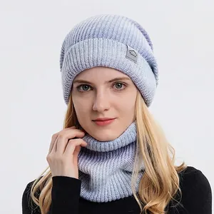 Ensemble bonnet et écharpe en tricot d'hiver avec dégradé violet et logo sport