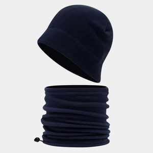 Detail view of navy fleece beanie and neck warmer set with adjustable drawstring toggle