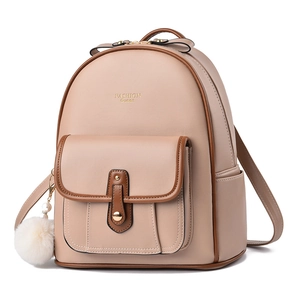 Fashionable beige and brown large capacity backpack with fluffy pom-pom charm and golden logo