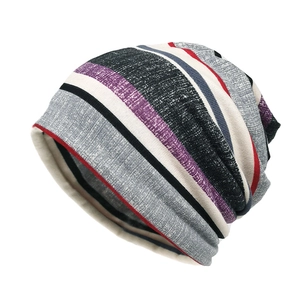 Striped Slouchy Beanie Knitted Polyester Breathable Pullover Cap For Men Women Fashionable Trendy Skull Cap