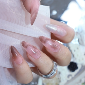 Almond Press On Nails Gradient Leopard Print Glitter Cat Eye Glossy Long False Fingernails For Women Girls