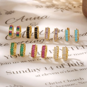 925 silver huggie earrings with colorful baguette-cut stones in a gold finish setting