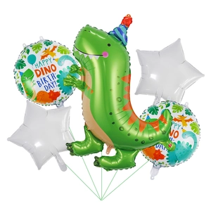 5-piece green dinosaur foil balloon set with Happy Dino Birthday prints and white stars