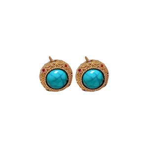 18k gold plated turquoise stud earrings with vintage floral pattern on white background