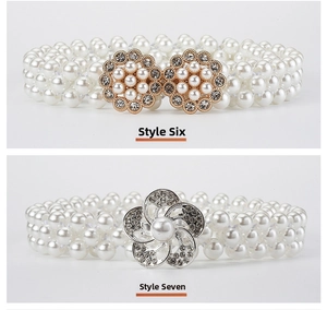 Detailed close-up of elastic pearl belts with floral rhinestone metal buckles for dresses