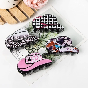 Creative cowboy hat hair claws set in checkered, leopard, tie-dye and star patterns