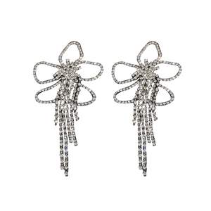 Elegant silver flower drop earrings with long rhinestone tassels and a sparkling finish