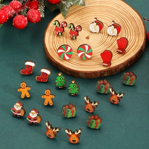 Handmade wooden Christmas stud earrings set featuring Santa, Reindeer, and Tree designs