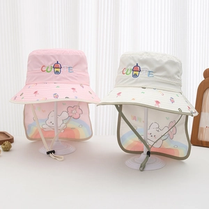 Detail of kids sun hat featuring cute embroidery and long neck protection flap