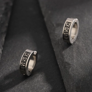 Mens vintage titanium steel clip-on earrings with Roman numeral engraving in silver