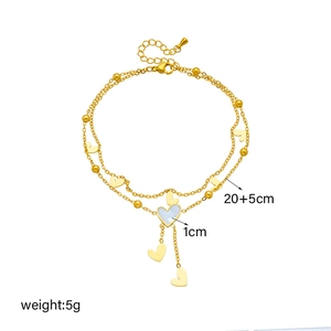 Double-layered gold titanium steel heart anklet with blue mother-of-pearl shell pendant