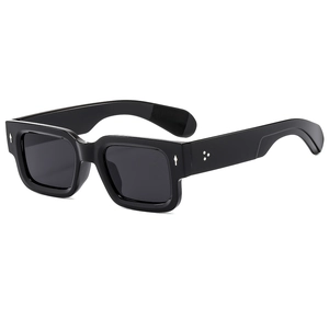 Fashionable men's square black sunglasses with arrow metal rivets and dark grey lenses