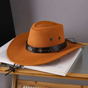 Detail of orange-brown felt cowboy hat with sunflower studs and breathable metal eyelets