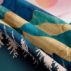 Abstract mountain landscape wall tapestry in deep blue and gold with sun print