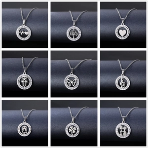 Stainless Steel Round Hollow Pendant Necklace Geometric Rhinestone Pave Fashion Clavicle Chain Jewelry For Women