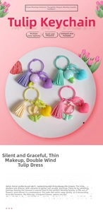 Detailed close-up of resin tulip keychains with colorful tassels and heart-shaped charms