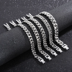 Polished silver stainless steel Cuban link bracelets in various widths on black background