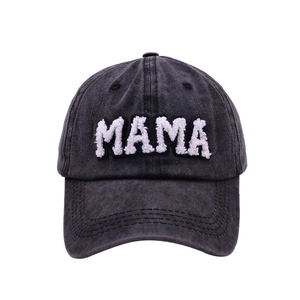 Distressed wash dark grey baseball cap featuring white MAMA towel embroidery patch