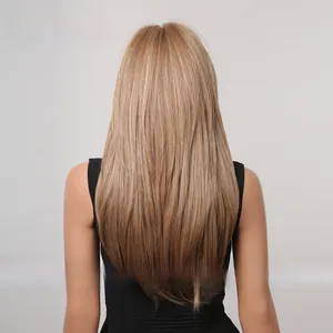 Detail of long straight honey blonde synthetic wig with natural highlights for women