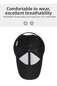 Internal view of black baseball cap showing breathable mesh and adjustable strap detail