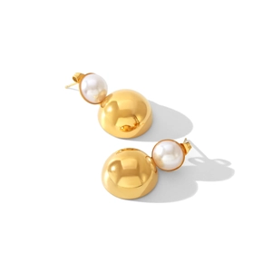 18k gold plated stainless steel semi-circle earrings with elegant white pearl drops