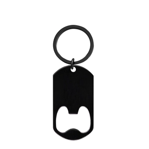 Minimalist black stainless steel dog tag keychain with integrated bottle opener tool