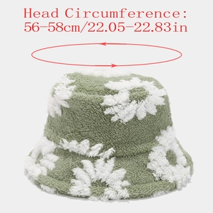 Detail view of plush flower bucket hat showing 56-58cm head circumference measurement
