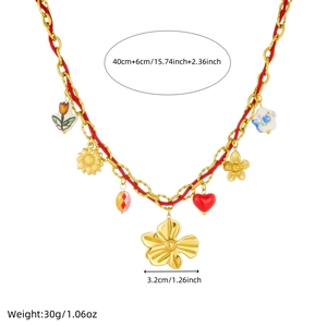 Gold-plated sunflower ceramic heart pendant necklace with red rope and 40cm+6cm length
