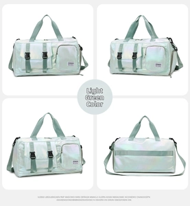Detailed four-way views of light green iridescent waterproof travel bag with straps