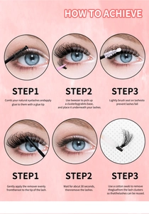 Step-by-step tutorial for applying and removing cluster lashes with pink background