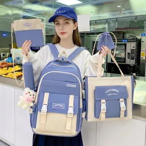 Five-piece blue and white canvas backpack set with bear charm for school girls