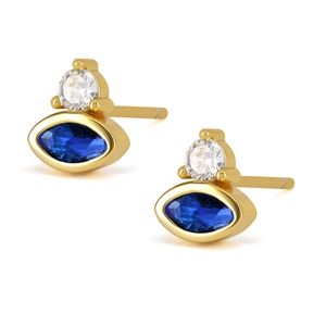 Close-up of gold stud earrings featuring marquise blue stones and white zircon accents