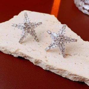 Dettaglio di orecchini a stella in cristallo con montatura argento su pietra naturale