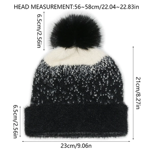 Detailed size chart of knit winter beanie with black pompom and measurements