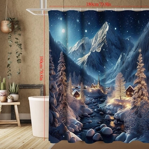 Detail of winter mountain snow scene print on waterproof bathroom shower curtain