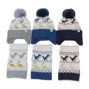 Bonnet Et Écharpe Tricotés Dinosaure Pour Enfants Acrylique Hiver Chaud Casquette À Oreillettes Avec Pompon Garçons Filles