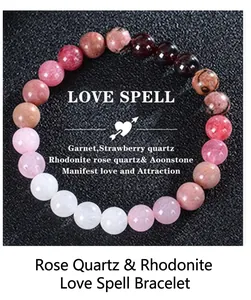 Detailed view of elastic beaded bracelet with garnet, rose quartz and moonstone crystals