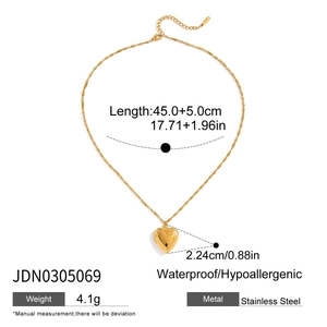 Detail view of 18k gold plated stainless steel heart necklace with product dimensions