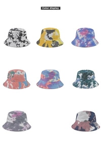 Detailed color display of tie-dye bucket hats in eight various vibrant pattern styles
