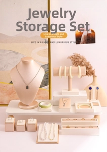 Champagne gold jewelry display set with necklace bust, ring boxes and T-bar bracelet holder