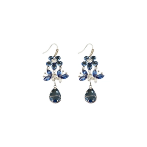 Exquisite silver-toned drop earrings featuring blue zircon flowers and teardrop crystal tassels