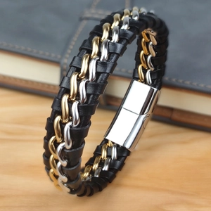 Men's double-layer black leather woven bracelet with gold punk chain and steel magnetic clasp